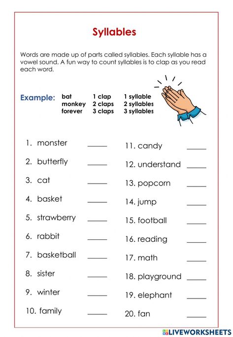 Spellings Worksheet For Grade 4, Syllables Worksheet Grade 3, Syllable Worksheet For Grade 1, Counting Syllables Worksheet, Two Syllable Words Activities, Vcv Syllable Activities, Syllables Worksheets For Kindergarten, English Syllables, Syllabication Worksheets