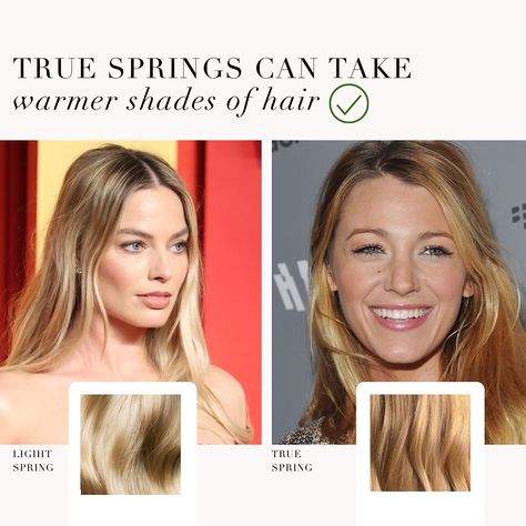 Light Spring VS True Spring comparison 🤍 . #coloranalysis #colouranalysis #lightspring #truespring #warmspring #margotrobbie #blakelively #coloranalyst Clear Spring Blonde Hair, True Spring Hair, True Spring Hair Color, Season Analysis, True Spring Color Palette, True Spring Colors, Colour Season, True Spring, Colour Analysis