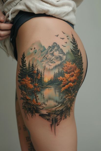 Forest Back Tattoo Women, Best Thigh Tattoos For Women, Fall Nature Tattoo, Half Sleeve Nature Tattoos For Women, Womens Full Leg Tattoo, Mountain Hip Tattoo, Nature Woman Tattoo, Womens Leg Tattoo Ideas, Mountain Tattoo Leg