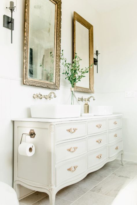 French Provincial Bathroom, French Country Vanity, Country Bathroom Vanities, Master Vanity, Dresser Vanity Bathroom, French Bathroom, French Dresser, Church Interior Design, French Country Bathroom