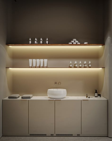 Spa Counter Design, Esthetician Room With Sink, Black And Gold Salon Interior Design, Beauty Salon Sink, Esthetician Sink Area, Hair Salon Colour Bar, Makeup Counter Aesthetic, Backbar Shelving Salon, Spa Coffee Station