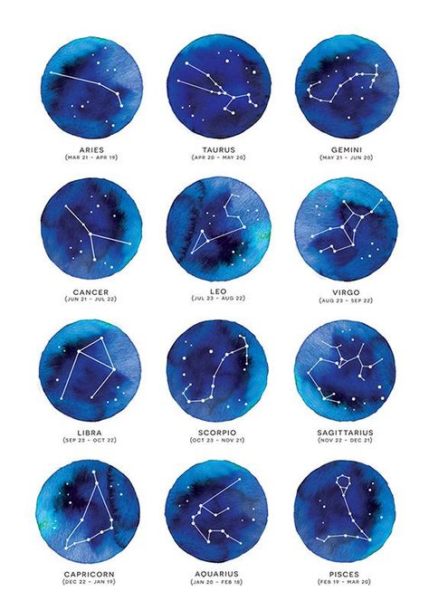 Zodiac signs watercolors طابع بريدي, Star Constellations, Zodiac Constellations, Zodiac Horoscope, Trendy Tattoos, The Night Sky, Star Signs, Stars And Moon, Night Sky