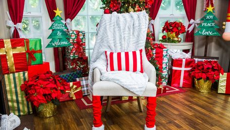 DIY CHRISTMAS CHAIR LEG COVERS - Orly Shani is adding a Christmas touch to your chairs. Santa Chair Diy, Santa Chair, Tree For Christmas, Chair Leg Covers, Hallmark Homes, Chair Diy, Christmas Chair Covers, Christmas Chair, Diy Santa