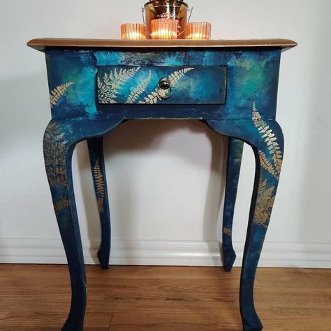 Funky Painted Side Table, Blue Painted Side Table, Painted Accent Table, Painted Side Table, Beautiful Bedside Tables, Bedroom Plan, Whimsical Painted Furniture, Painted Side Tables, Custom Painted Furniture