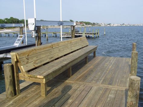 Find Dock Benches. If you love to fish and have your own dock at a lake house or near a pond, or even in the ocean, then you know having somewhere to sit is important. Dock benches give you somewhere to put your gear, and rest while waiting for that all important tug on the line. And sitting is the… Diy Bench Seat, Cheap Shelves, Deck Bench, Outdoor Bench Seating, Deck Seating, Diy Bench Outdoor, Beautiful Storage, Bench Plans, Bench Seating