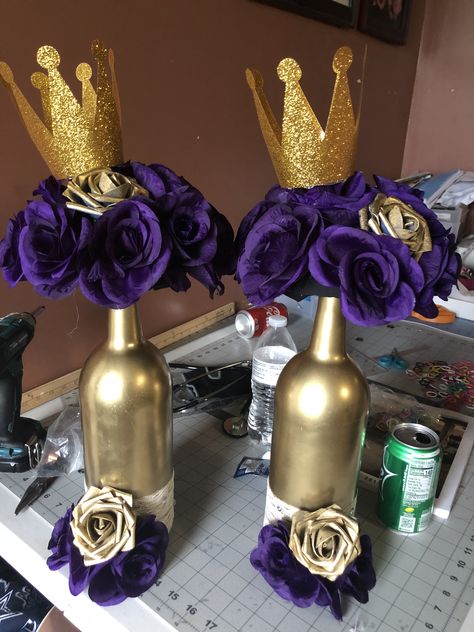 Queen themed centerpieces #royal #purple #gold Themed Centerpieces, Royal Purple, Purple Gold, Perfume Bottles, Queen, Purple, Gold, Beauty