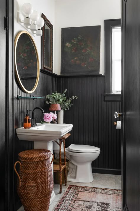 Moody Bathroom Design, Red And White Garden, Clawfoot Tub Ideas, Inviting Bathroom, Moody Bathroom, Clawfoot Tubs, Tricorn Black, Dark Bathrooms, Tub Ideas