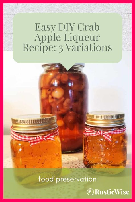 Have more crab apples than you know what to do with? 🍎I have a super-easy DIY crab apple liqueur recipe to share with you. Actually, I have 3 variations: the basic recipe with vodka, one using whisky, and another with extra spice. Making homemade fruit liqueur is easier than it sounds and mostly hands-off!  #crabapples #recipes | crab apple recipes | fruit liquor recipes | via RusticWise Crab Apple Liquor, Crab Apple Liquor Recipes, What To Do With Crab Apples, Crab Apples Recipe, Diy Crab, Crab Apple Recipes, Fruit Liqueur, Crab Apple Tree, Apple Vodka