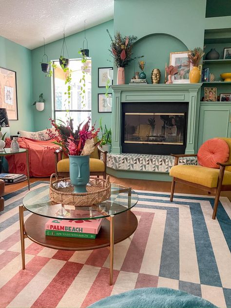 Colourful Front Room, Colorful Living Room With Fireplace, Green Couch Colorful Living Room, New Construction Decorating Ideas, Home Color Schemes Interior Bright, Homes With Color, Colorful Cottagecore Living Room, Quirky Home Decor Ideas, Studio Apartment Color Scheme