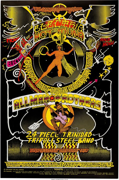 Hot Tuna/Allman Brothers Fillmore West Concert Poster BG-268 (Bill Graham Presents, 1971). First printing of this incredibly bright poster with art by Norman Orr, on index stock. For a string of shows at the Fillmore West from January 28 through 31, 1971, with support from the 24 piece Trinidad Tripoli Steel Band Fillmore Poster, Jorma Kaukonen, Pencils Drawings, Hot Tuna, Gregg Allman, Vintage Concert Posters, Music Concert Posters, Allman Brothers Band, Allman Brothers