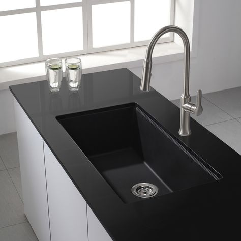 31 inch Undermount Single Bowl Black Onyx Granite Kitchen Sink - Granite Kitchen Sinks - Kitchen Sinks - Kitchen | KrausUSA.com Sink Remodel, Single Basin Kitchen Sink, Home Depot Kitchen, Composite Kitchen Sinks, Modern Kitchen Sinks, Black Kitchen Sink, Granite Kitchen Sinks, Black Sink, Amazing Kitchen