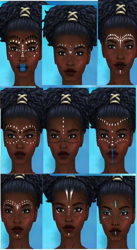 Nubian mask (adult to toddlers) | glorianasims4 on Patreon Face Paint Photoshoot Ideas, Wakanda Forever Party Ideas, African Face Paint Goddesses, Warrior Goddess Makeup, African Goddess Makeup, Goddess Face Paint, Native American Makeup Women, African Goddess Photoshoot, Sims 4 Face Paint