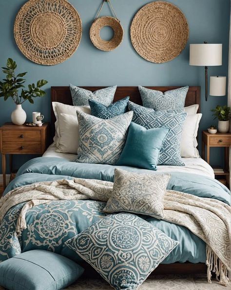 20 Lovely Light Blue Boho Bedroom Ideas – ToolzView Blue Yellow Bedding, Cozy Light Blue Bedroom, Blue Cottage Core Bedroom, Light Blue Master Bedrooms Decor, Dusty Blue Bedroom Ideas, Yellow Themed Bedroom, Blue Bohemian Bedroom, Tan And Blue Bedroom, Bedroom With Light Blue Walls