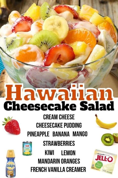 Hawaiian Cheesecake Salad - Tasty Recipes Hawaiian Cheesecake, Hawaiian Dessert, Cheesecake Fruit Salad, Cheesecake Salad, Easy Fruit Salad Recipes, Bbq Appetizers, French Vanilla Creamer, Salad Cream, Summer Food Party