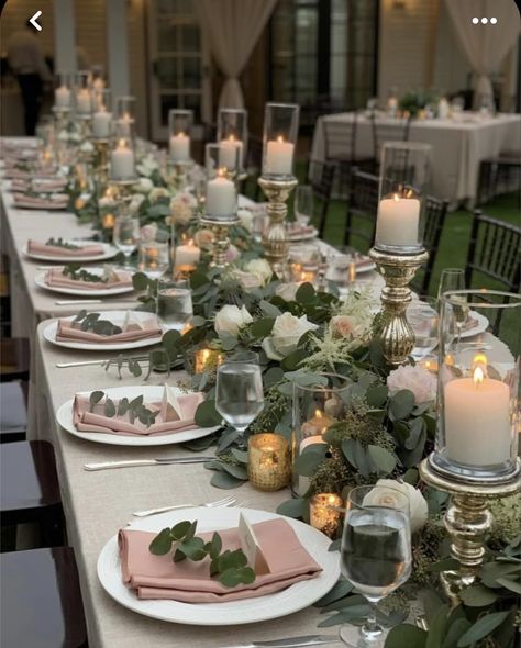 Wedding Greenery With Pops Of Color, Table Decor For Sweet 16 Party, Wedding With Greenery Color Schemes, Greenery Wedding With Pop Of Color, Wedding Table Color Schemes, Rectangular Tables For Wedding Reception, Green And Pink Wedding Centerpieces, Wedding Rectangular Table Decorations, Pink And Green Wedding Table Setting