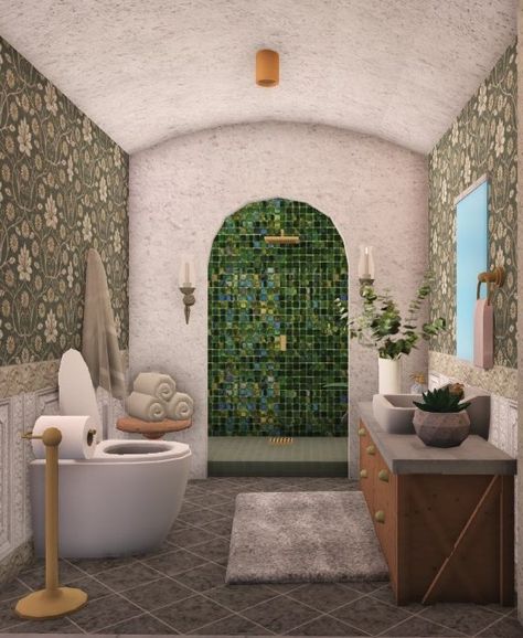 Bloxburg Cabin Ideas Exterior, Bloxburg 3x2 Bathroom, Bloxburg Cafe Bathroom Ideas, Bloxburg House Wallpaper, Mediterranean Bloxburg House Interior, Bar In Bloxburg, Bloxburg Bathroom Sink Ideas, Boho House Exterior Bloxburg, Spanish Style Homes Bloxburg