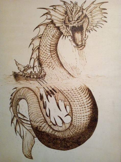 Dragon Wood Burning, Wolf And Lion, Snake Monster, Sea Monsters Drawing, Sea Monster Art, Sea Creatures Drawing, Dragon Anatomy, World Serpent, Monster Tattoo