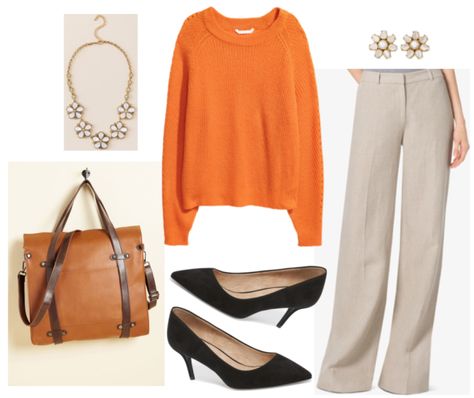 Orange sweater outfit 2: Orange rib-knit sweater styled in a business casual outfit with wide-leg beige trousers and black pumps. Orange Shoes Outfit, Orange Sweater Outfit, Spring Sweater Outfits, Black Pants Outfit, Winter Sweater Outfits, Best Online Clothing Stores, Knit Sweater Outfit, Sweater Outfits Fall, Orange Sweater