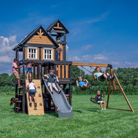 Backyard Discovery Mystic Tower Cedar Swing Set - Sam's Club Kid Playground Backyard, Modern Outdoor Playground, Kids Play Set Outdoor, Play Sets Outdoor For Kids, Kids Playground Backyard, Cool Tree Houses For Kids, Kids Outdoor Play Area, Backyard Play Area For Kids, Playset Landscaping