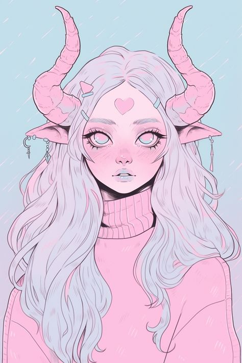 Pink Demon, Cute Demon, Demon Girl, Art Cute, Girl Stickers, Kawaii Art, Art Inspiration Drawing, Cartoon Art Styles, Fantasy Character Design