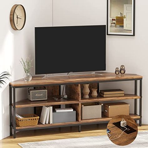 Floating Corner Tv Stand, Tv In Corner Of Living Room, Industrial Tv Console, Corner Shelves Living Room, Corner Entertainment Center, Corner Tv Console, 60 Inch Tv, Tv Corner, Corner Tv Stands