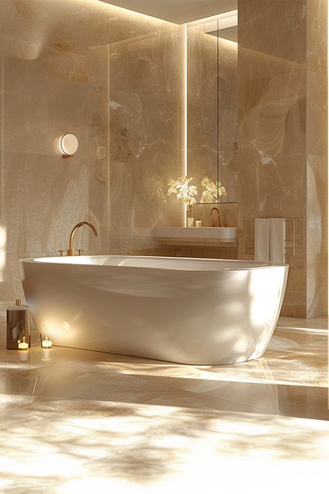 Opulent golden bathroom bathed in light • Sculptural freestanding tub as the centerpiece • Wide mirrored vanity with chic golden faucets • Luminous marble walls with rich textures • Ambient candle lighting adding a soft glow • Elegant minimalist design with a touch of warmth and luxury. Golden Bathroom, Marble Walls, Diffused Lighting, Mirrored Vanity, Candle Lighting, Neutral Bathroom, Beach Bathroom, Light Highlights, Stunning Bathrooms