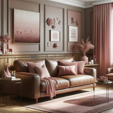 dusty rose with brown leather couch Brown Pink And Gold Living Room, Dusty Rose Living Room, Pink Accents Living Room, Blush Living Room, Brown Leather Couch Living Room, Grey And Brown Living Room, Tan Leather Couch, Tan Living Room, Brown Sofa Living Room