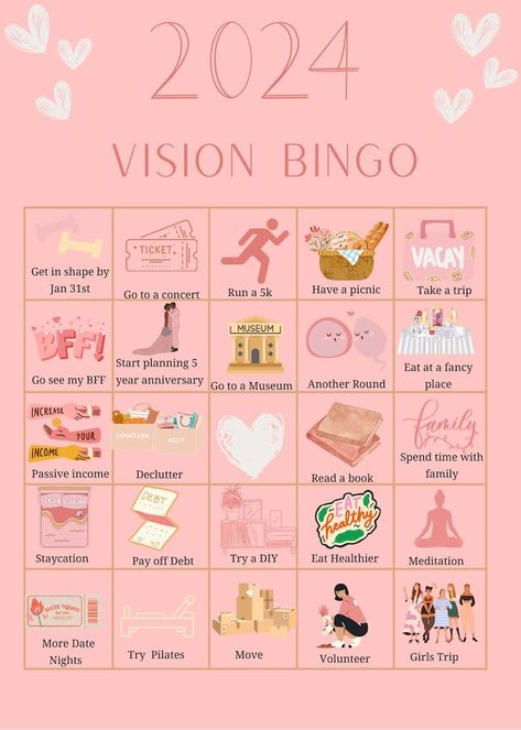 2024 Vision Board Bingo Template, Personal Goals Bingo Game, Aesthetic Vision Board Printable, Vision Board Activity, Vision Board Party Vision Board Bingo Template, Bingo Board Ideas, Vision Bored 2024, Pinterest Board Template, Bingo Vision Board Template, 2025 Vision Board Bingo, Vision Board Bingo Ideas, Goal Bingo Board, Vision Board Party Games