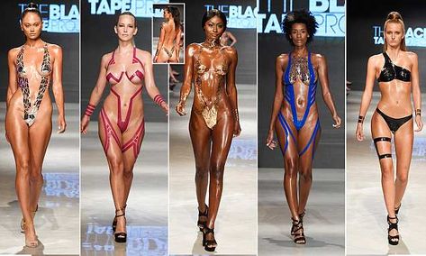 Catwalk models don bikinis made out of TAPE Black Tape Project, Tape Projects, Catwalk Models, Swim Week, Miami Swim Week, Black Tape, Female Anatomy, Anatomy Art, Burning Man