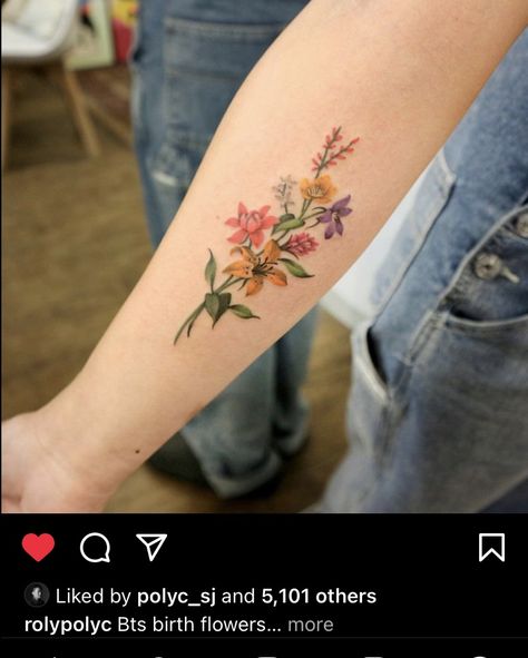 BTS birth flowers tattoo Bts Flower Tattoo, Bts Birth Flowers, Birth Flowers Tattoo, Bts Flower, Tattoo Bts, V Tattoo, Ma Tattoo, Cuff Tattoo, Bts Tattoos