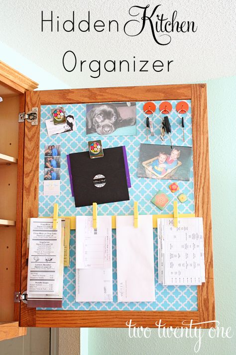 Step-by-step instructions for turning the inside of a kitchen cabinet into a neat and organized family command center #storage #organization Organize Clutter, Mom Organization, Inside Cabinet, Family Command Center, Hidden Kitchen, Organizing Hacks, Organisation Hacks, Wall Organizer, Kitchen Organizer