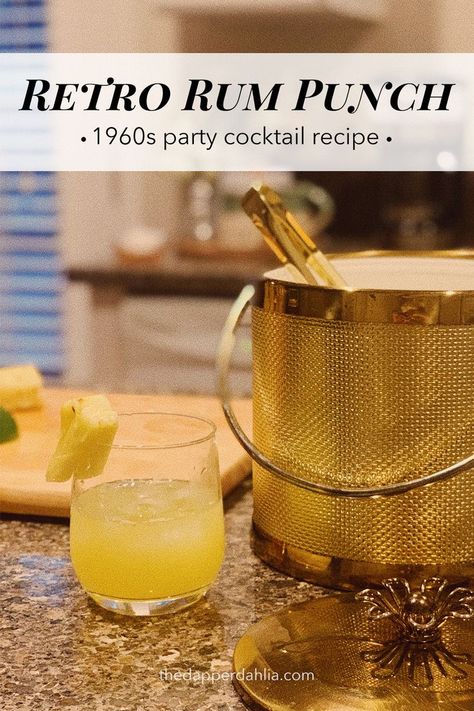 This retro rum punch is a quick and easy party drink inspired by a recipe from a 1960s cocktail book! • The Dapper Dahlia #rumpunch #partydrinks #retrococktails 1960s Cocktails, Sixties Party, Rum Punch Recipe, Cocktail Weenies, Easy Party Drinks, 1960s Party, Rum Punch Recipes, Cocktail Party Food, Batch Cocktails