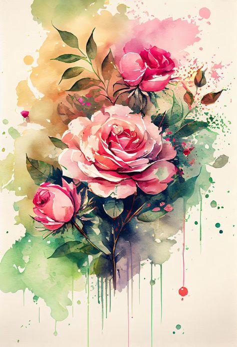 Premium Photo | Watercolor blooming rose flowers with splash background Watercolor Art Landscape Flowers, Watercolor Art Flowers Beautiful, Water Colour Flower Paintings, Watercolour Art Landscape, Photos Of Roses, Rose Flower Aesthetic, Flowers Watercolor Paintings, Flower Watercolor Paintings, Rose Painting Watercolor