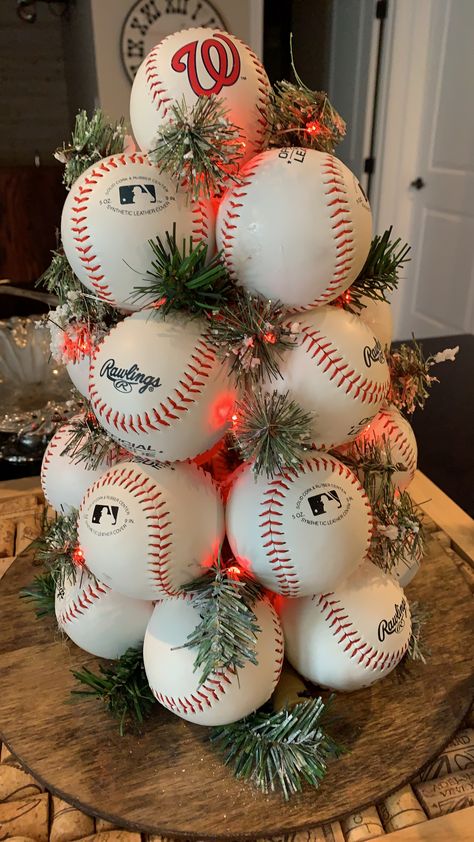 Team Christmas Party Ideas, Baseball Christmas Tree, Pencil Christmas Tree Ideas, Christmas Party Ideas, White Christmas Tree Ideas, Christmas Tree Village, Wall Christmas Tree, Diy Christmas Tree Topper, Flocked Christmas Trees Decorated