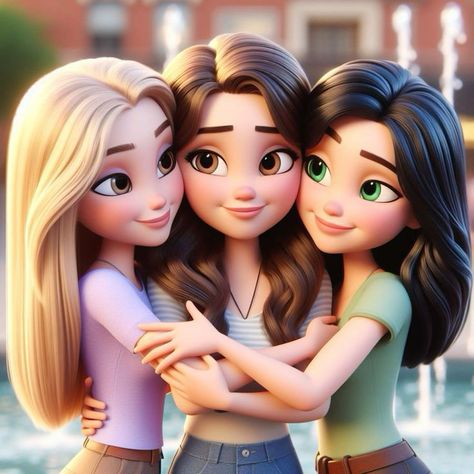 Braids Illustration, Sisters Photoshoot Poses, Best Friend Drawings, Friendship Photoshoot, Disney Princess Artwork, Best Friends Cartoon, Three Best Friends, Cartoon Girls, Friend Cartoon