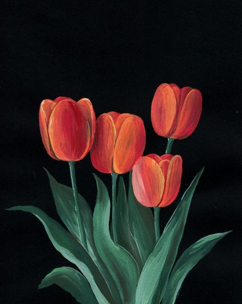 Paint Tulips, Cookie Wall, Gouache Flowers, Black Background Painting, Painting Flowers Tutorial, Art Philosophy, Tulip Painting, Facebook Art, Watercolor Tulips