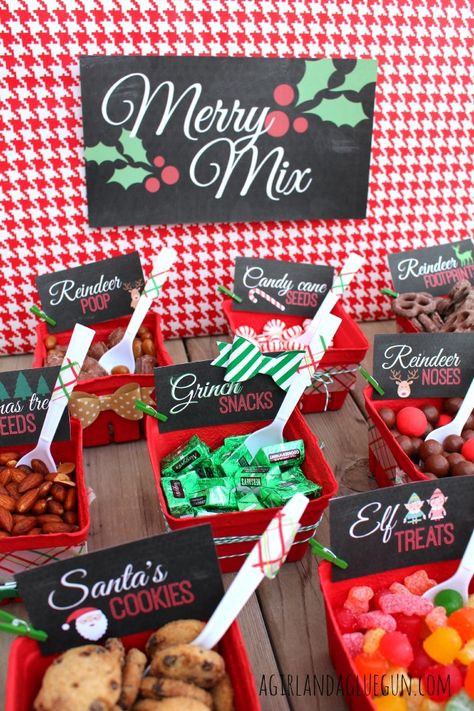 Christmas Party Theme Ideas Family, Christmas Diy Party Favors, Christmas Snack Cart For Teachers, Christmas Candy Station, Christmas Trail Mix Bar, Christmas Theme Centerpieces, North Pole Themed Party, Christmas Snack Bar Ideas, Christmas Bday Party Ideas