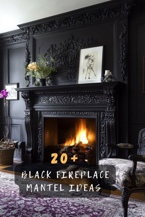 ✨ Create a bold statement with these 20 dramatic black fireplace mantel designs! Perfect for adding sophistication and modern elegance to your living space. Click for styling inspiration 🖤 #blackmantel #fireplacedesign #interiordesign #modernhome #manteldecor #luxurydesign #homedecor 1900 Fireplace Mantle, Dark Academia Fireplace Decor, Victorian Wooden Fireplace Surround, Brick Fireplace With Wood Surround, Ornate Fireplace Mantle, Vintage Mantel Decorating Ideas, Eclectic Mantle Decor, 1920 Fireplace, Mantlepiece Ideas