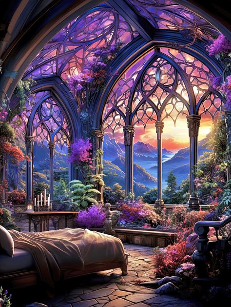 Glass House Illustration, Bedroom Fantasy Art, Fantasy Cathedral, Elven Bedroom, Fantasy Manor, Fantasy Window, Moonlight Blade, Candle Stove, Cafe Painting