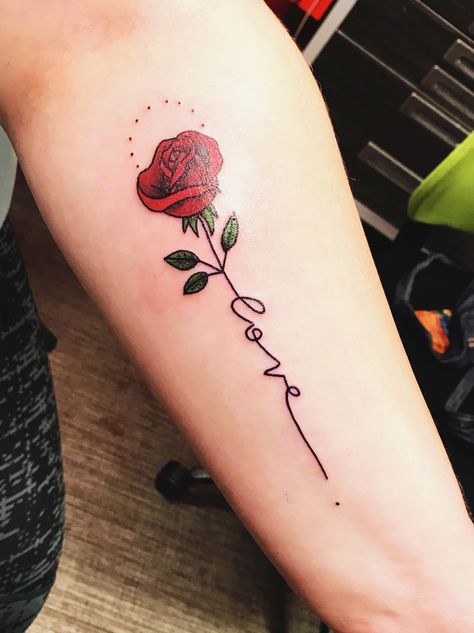 Love rose tattoo Rose Tattoo Stem Writing, Rose Tattoos With Names Stem, Rose Mom Tattoo, Love Name Tattoo Design, Rose Name Stem Tattoo, Rose Tattoo With Words As Stem, Rose With Word Stem Tattoo, Love Rose Tattoo, Love Yourself Rose Tattoo