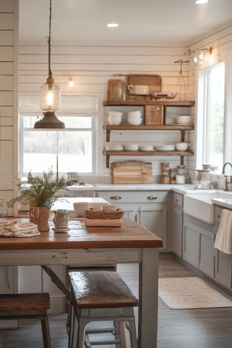 "Elevate your culinary space with a Rustic Farmhouse Kitchen Makeover! 🍳🌾 Perfect for those who love blending rustic charm with modern convenience. 🌟✨ #FarmhouseInspiration #RusticKitchen #HomeStyling" Modern Farmhouse Kitchen Tile, Neutral Farmhouse Kitchen, Simple Farmhouse Kitchen, Pool And Pool House Ideas, Farmhouse Kitchen Makeover, White Farmhouse Kitchen, Old Farmhouse Kitchen, Kitchen Cottage, Building Interior