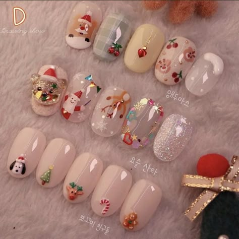 Korean Nails Christmas, Nail Noel Korea, Korean Nail Art Christmas, Nail Korean Style Christmas, Christmas Korean Nails, Nail Christmas Korea, Christmas Nails Korean, Chrostmas Nails, Kawaii Christmas Nails