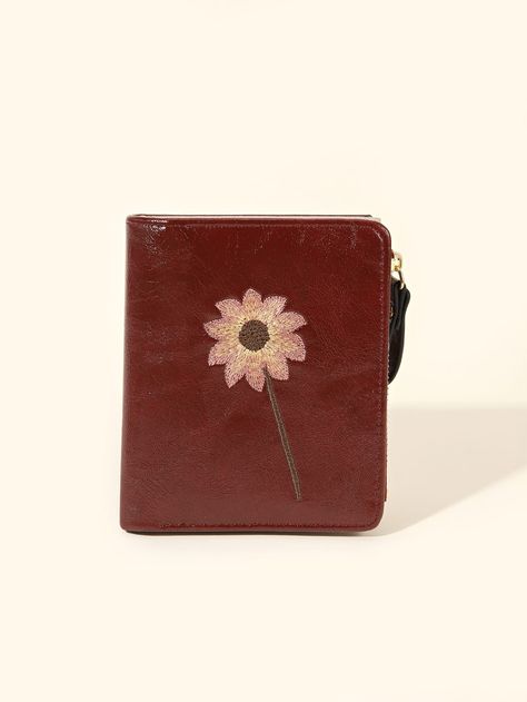 Burgundy Elegant Collar  PU Leather Floral Small Wallet Embellished   Women Bags Cool Wallets, Aesthetic Wallet, Small Wallets For Women, Wallet Aesthetic, Money Minimalist, Business Anniversary, Burgundy Bag, Cute Wallet, Money Purse