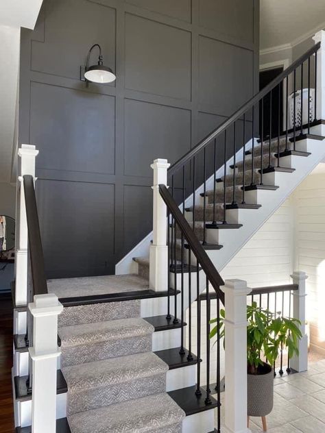 Dark Gray Accent Wall Stairs, Grid Wall Staircase, Accent Wall Behind Stairs, Black Board And Batten Staircase, Wall Panel Design Stairs, Dark Accent Wall Staircase, Accent Walls For Stairway, Modern Staircase Accent Wall, Stairwell Wall Design