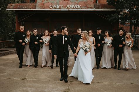 Black Bridesmaid Dresses With Tan Groomsmen, Taupe Black Wedding, Black Tan Wedding Theme, Black And Beige Wedding Party, Champagne And Black Bridal Party, Black And Tan Groomsmen Attire, Champagne And Black Wedding Party, Black And Tan Wedding Party, Tan And Black Wedding