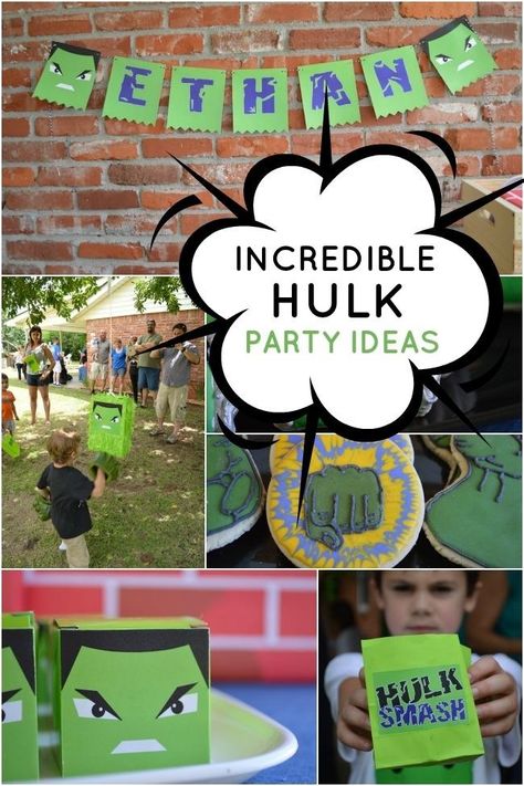 Incredible Hulk Birthday Party Ideas, Hulk Party Ideas, Hulk Smash Party, Incredible Hulk Party, Incredible Hulk Birthday Party, Avengers Party Ideas, Hulk Theme, Avengers Birthday Party, Hulk Birthday Parties