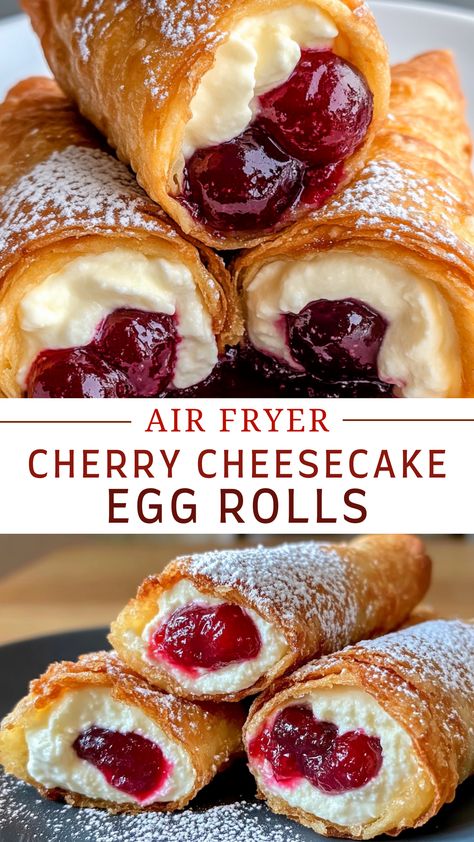 Pies Tarts and Cakes Recipes: Air Fryer Cherry Cheesecake Egg Rolls Air Fried Cheesecake, Egg Roll Apple Pie Air Fryer, Crispy Cherry Cheesecake Egg Rolls, Dessert In The Air Fryer, Air Fryer Cheesecake Recipe, Air Fryer Dessert Egg Rolls Recipe, Egg Roll Wrapper Recipes Dessert Air Fryer, Cherry Cheesecake Egg Roll Recipe, Cherry Cream Cheese Egg Rolls