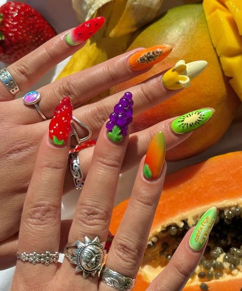 Fruit Nails, Food Nails, Nyc Nails, Neon Nail Polish, Long Acrylic Nail Designs, Green Nail Designs, Grape Soda, Glamour Nails, Cute Nail Art