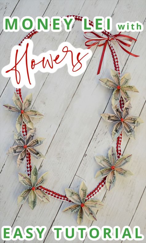 A graduation lei made with real money. This easy flower money lei tutorial makes a great gift for any graduate. Money Lei Tutorial, Flower Money Lei, Flower Lei Diy, Lei Tutorial, Graduation Leis Diy Ribbons, Money Lei Diy, Flower Money, Graduation Leis Diy, Graduation Money Lei