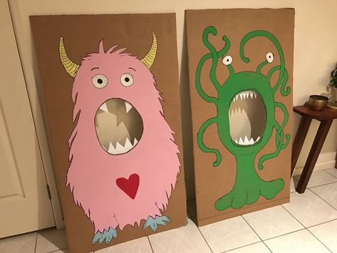 Corn Hole Halloween Game, Monster Mash Party Games, Monsters Halloween Decorations, Pin The Eye On The Monster, Feed The Monster Game, Diy Monster Decorations, Monsters Inc Games, Monster Mash Decorations, Monster Mash Trunk Or Treat